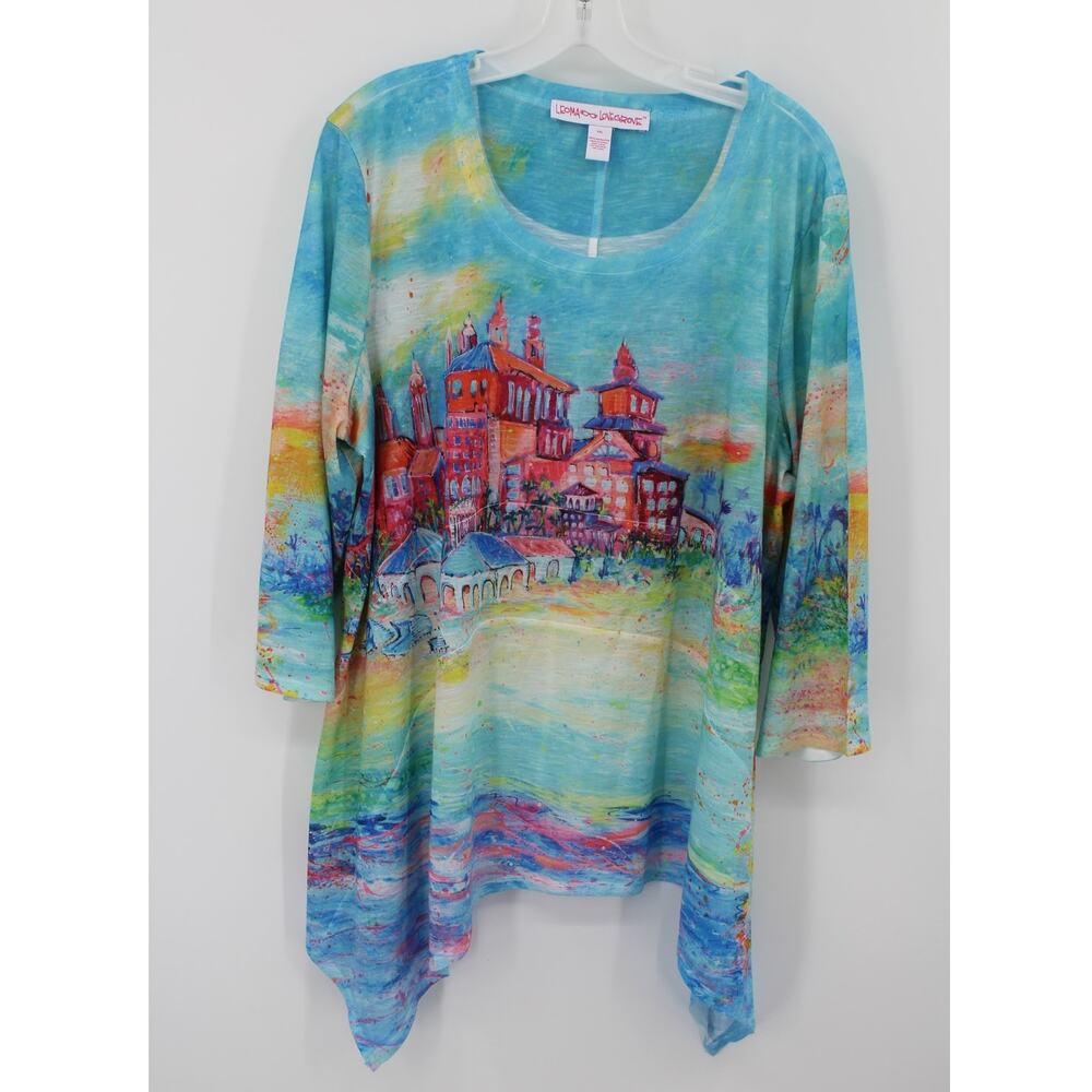 Leoma Lovegrove Womens 2XL Top Multi Scene Shark Hem 3/4 Sleeve